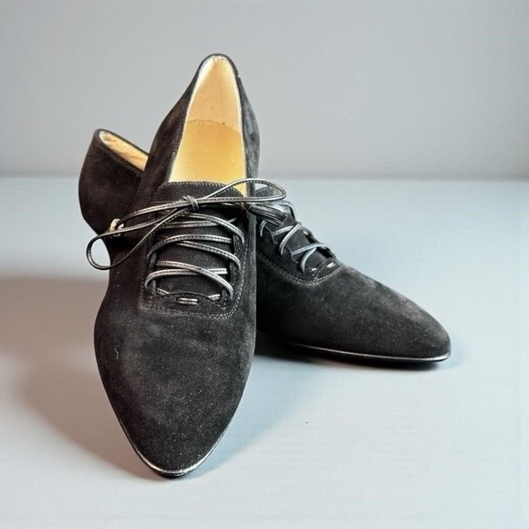 Salvatore Ferragamo Shoes - Salvatore Ferragamo Ramato Black Suede Lace Up Heels 6 B Vintage Italy
